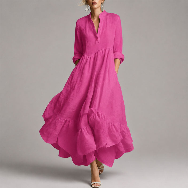 Chloe | Women's V-Neck Long Sleeve Ruffle Hem Maxi Dress Pink
