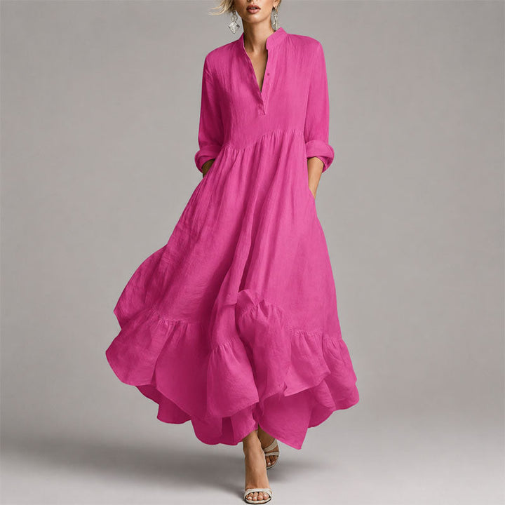 Chloe | Women's V-Neck Long Sleeve Ruffle Hem Maxi Dress Pink
