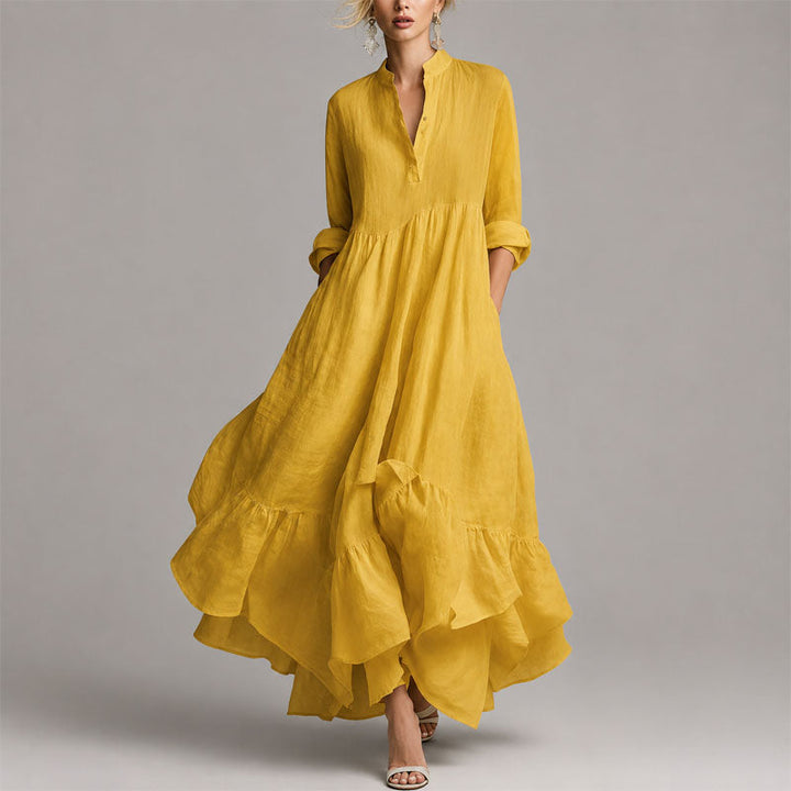 Chloe | Women's V-Neck Long Sleeve Ruffle Hem Maxi Dress Yellow