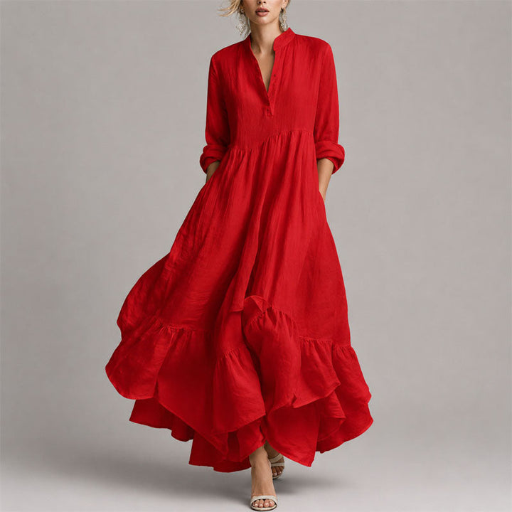 Chloe | Women's V-Neck Long Sleeve Ruffle Hem Maxi Dress Red