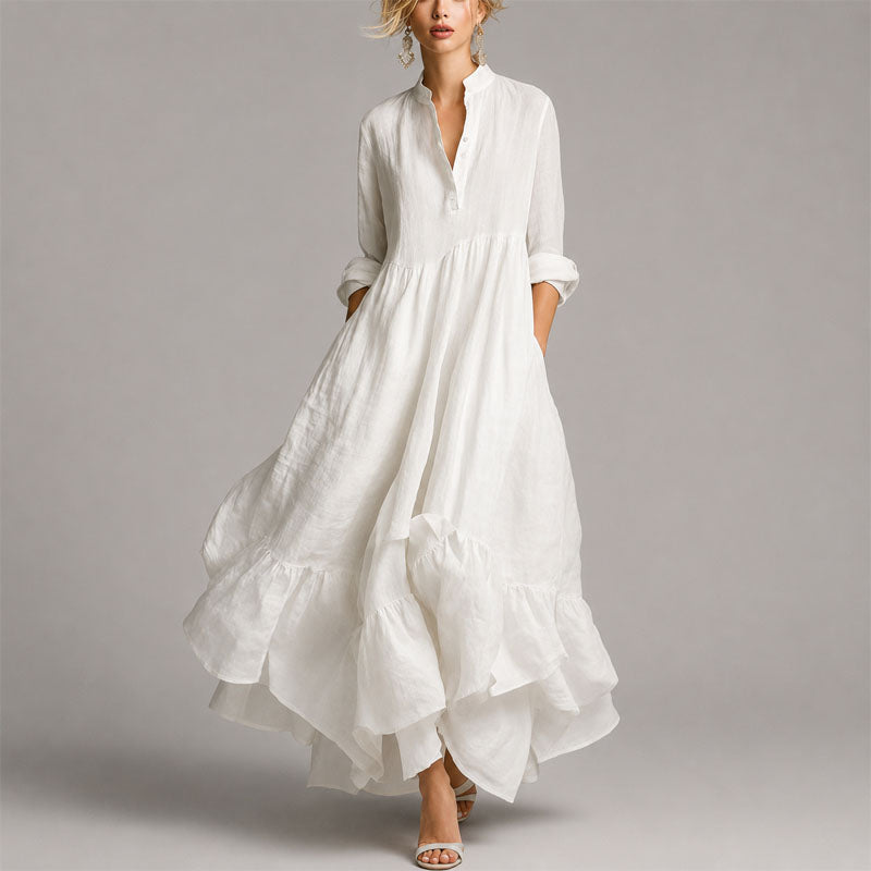 Chloe | Women's V-Neck Long Sleeve Ruffle Hem Maxi Dress White