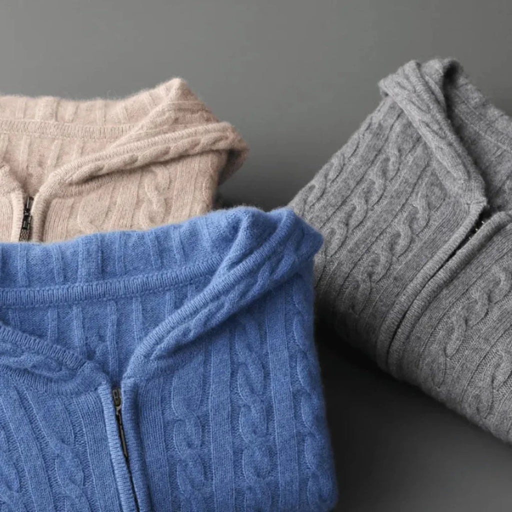 Hooded Cable Knit Wool Sweater