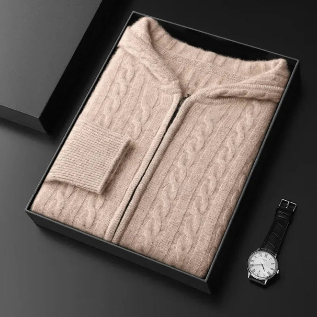 Hooded Cable Knit Wool Sweater Beige