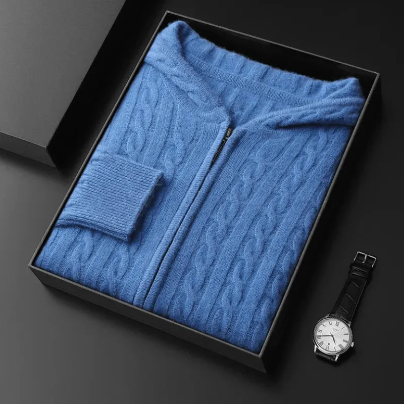 Hooded Cable Knit Wool Sweater Blue