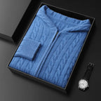 Hooded Cable Knit Wool Sweater Blue