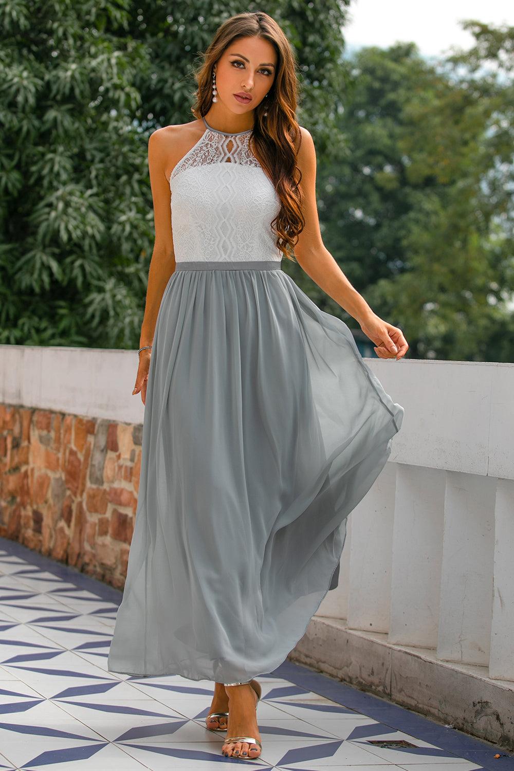 Claire | Women's Halter Maxi Dress for Wedding Guests Light Grey