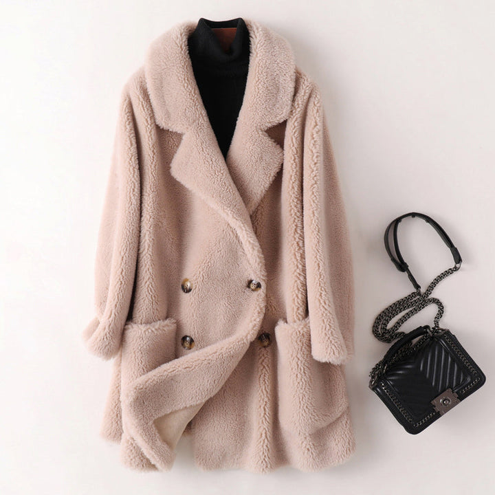 Manteau d’extérieur pour femme en imitation peau lainée à double boutonnage