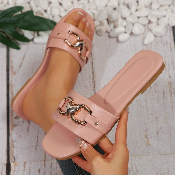 Clara | Women's Flat Slide Sandals with Heart Detail-MODAUTLET