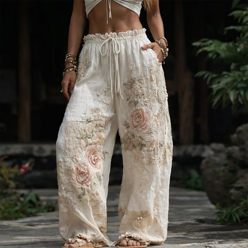 Clara | Women's Floral Embroidered Wide-Leg Pants-MODAUTLET