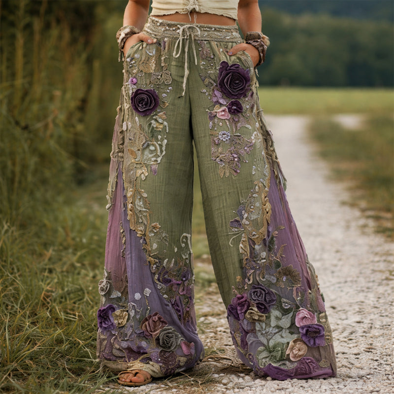 Clara | Women's Floral Embroidered Wide-Leg Pants-MODAUTLET