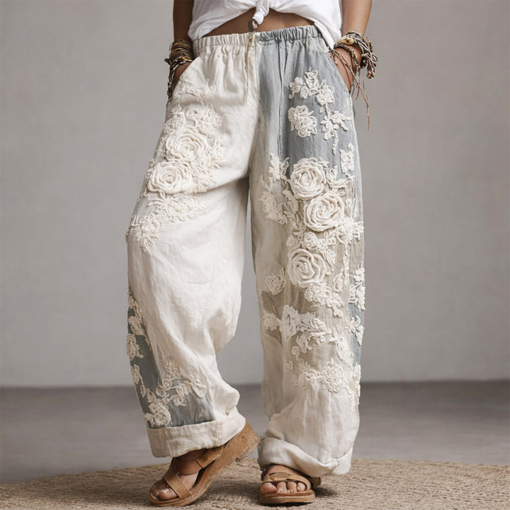 Clara | Women's Floral Embroidered Wide-Leg Pants-MODAUTLET