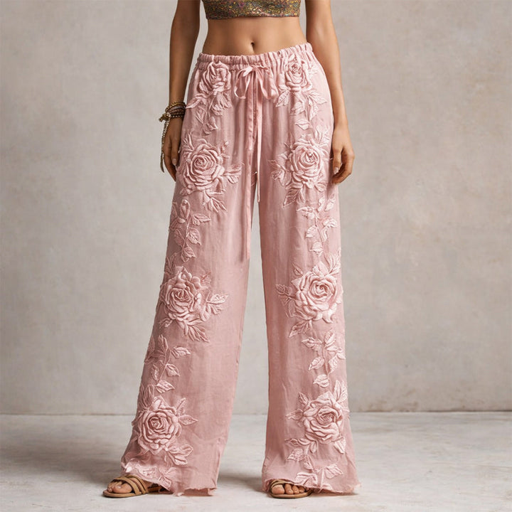 Clara | Women's Floral Embroidered Wide-Leg Pants-MODAUTLET
