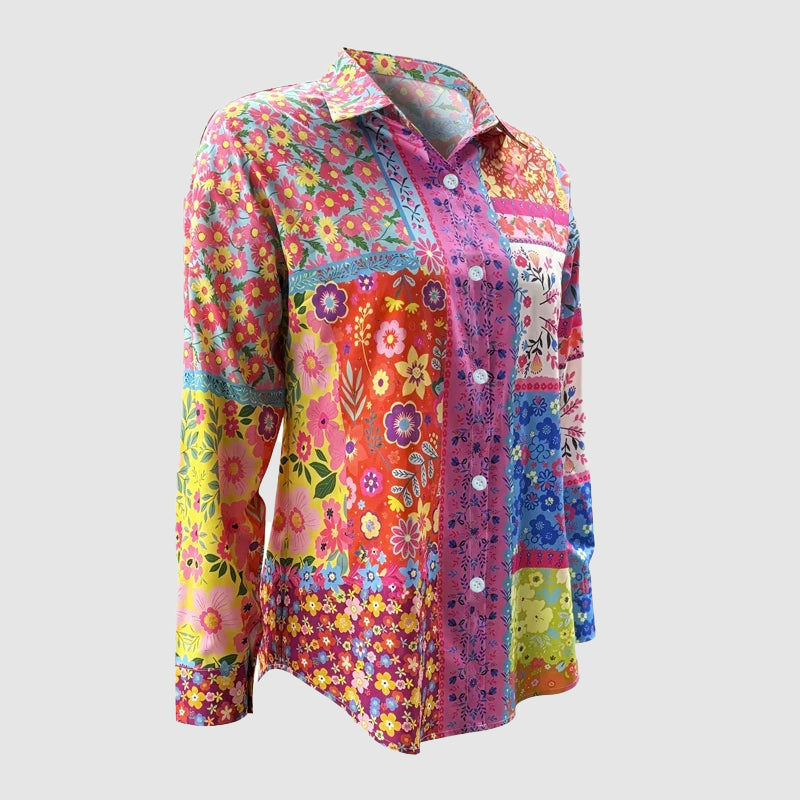 Clara | Women's Patchwork Floral Button Blouse-MODAUTLET