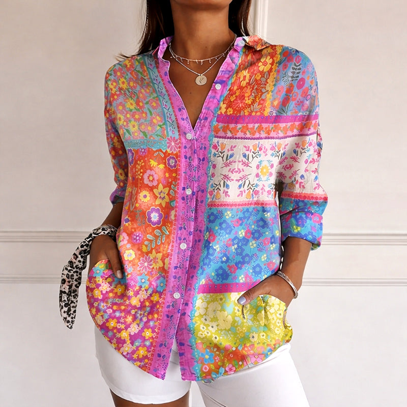 Clara | Women's Patchwork Floral Button Blouse-MODAUTLET