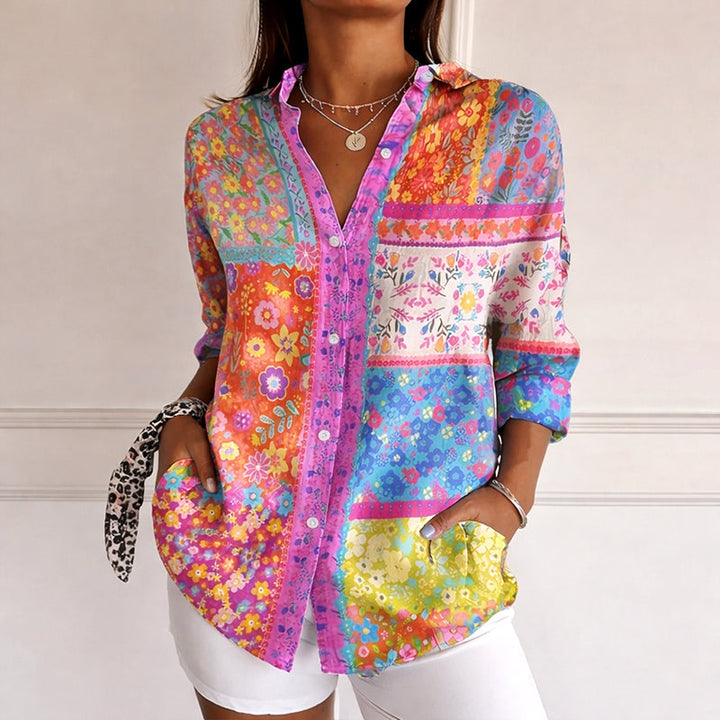 Clara | Women's Patchwork Floral Button Blouse-MODAUTLET