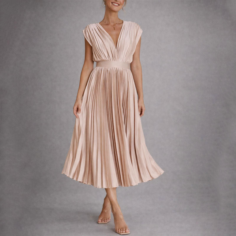 Clara | Women's Pleated V-Neck Midi Dress-MODAUTLET