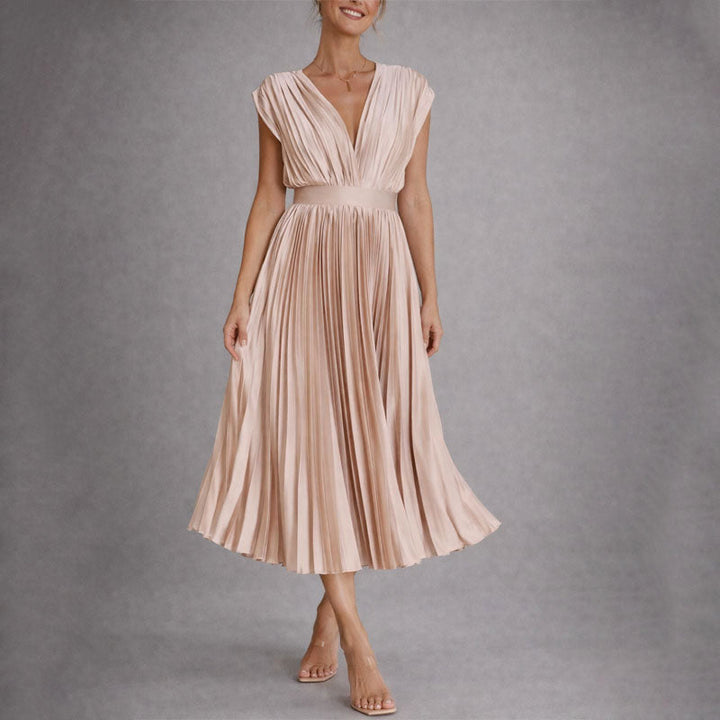 Clara | Women's Pleated V-Neck Midi Dress-MODAUTLET