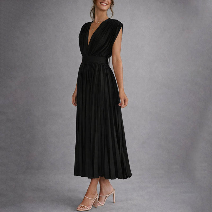 Clara | Women's Pleated V-Neck Midi Dress-MODAUTLET