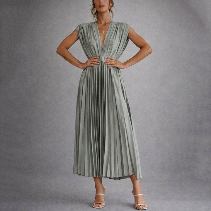 Clara | Women's Pleated V-Neck Midi Dress-MODAUTLET