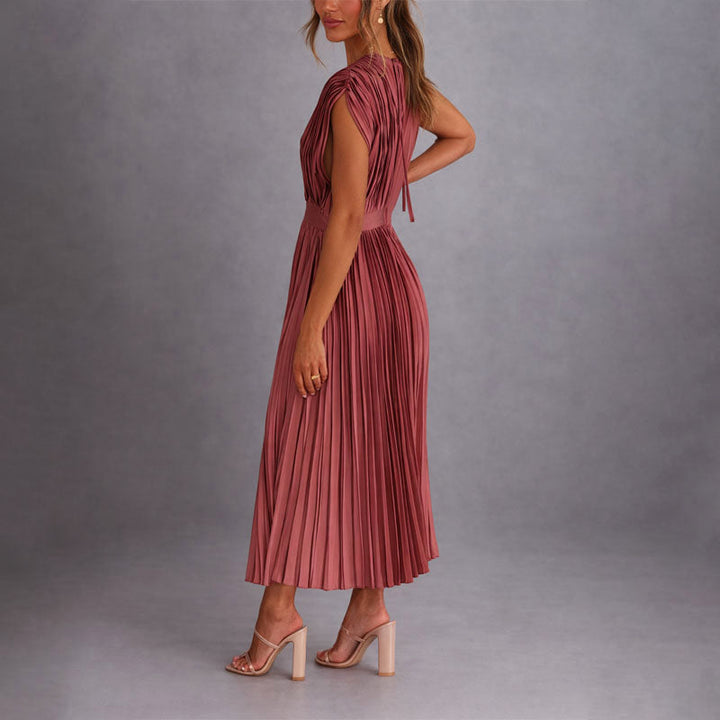 Clara | Women's Pleated V-Neck Midi Dress-MODAUTLET