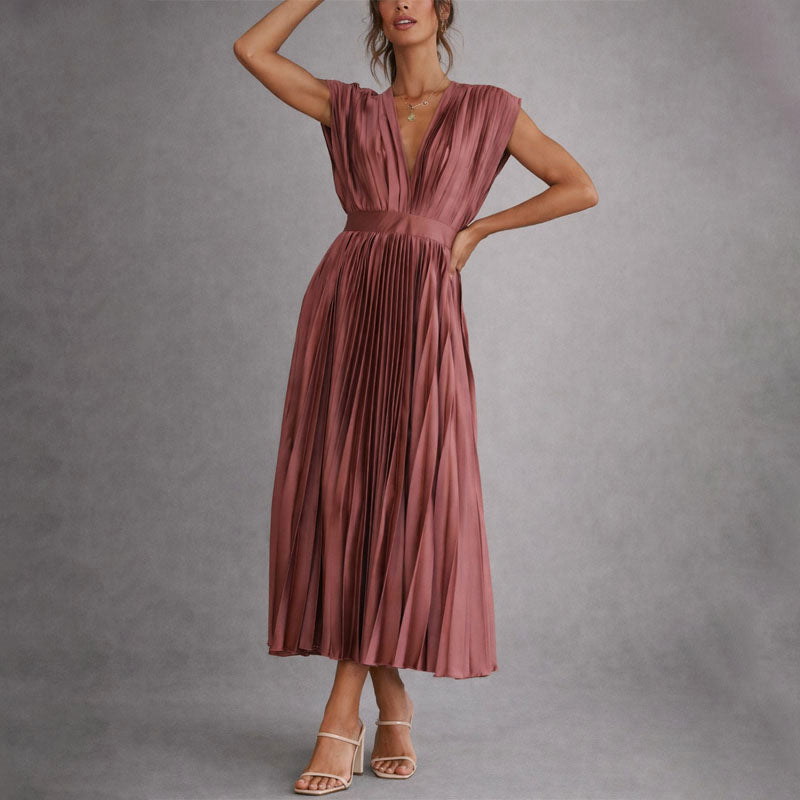 Clara | Women's Pleated V-Neck Midi Dress-MODAUTLET