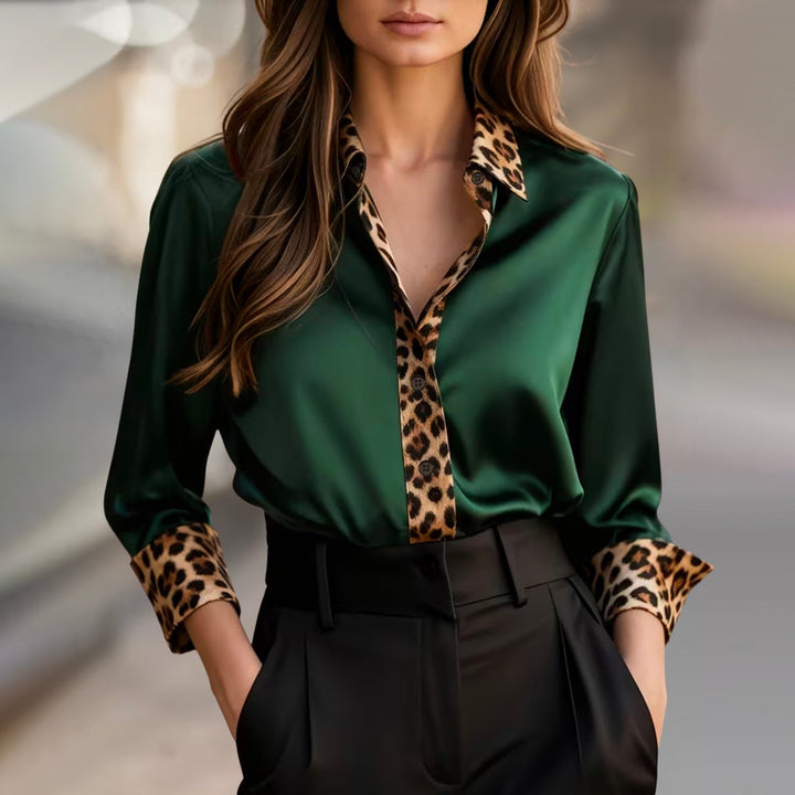 Clara | Women's Satin Blouse with Leopard Print Trim-MODAUTLET