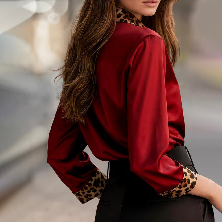 Clara | Women's Satin Blouse with Leopard Print Trim-MODAUTLET