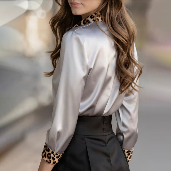 Clara | Women's Satin Blouse with Leopard Print Trim-MODAUTLET