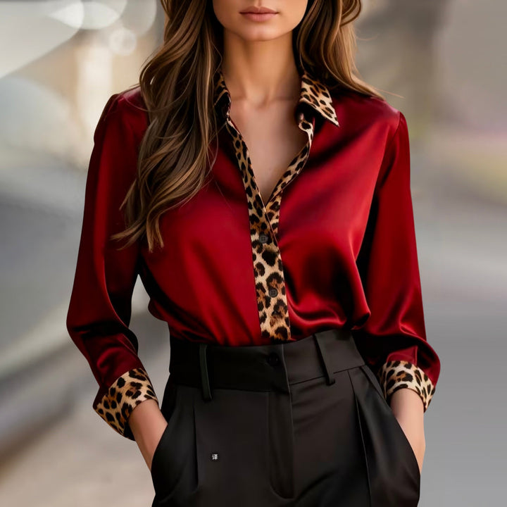 Clara | Women's Satin Blouse with Leopard Print Trim-MODAUTLET