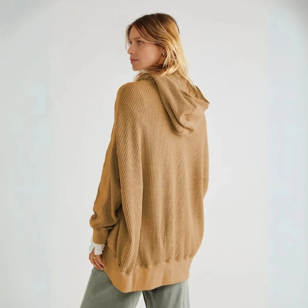 Oversized Waffle-Knit Zip Hoodie-MODAUTLET