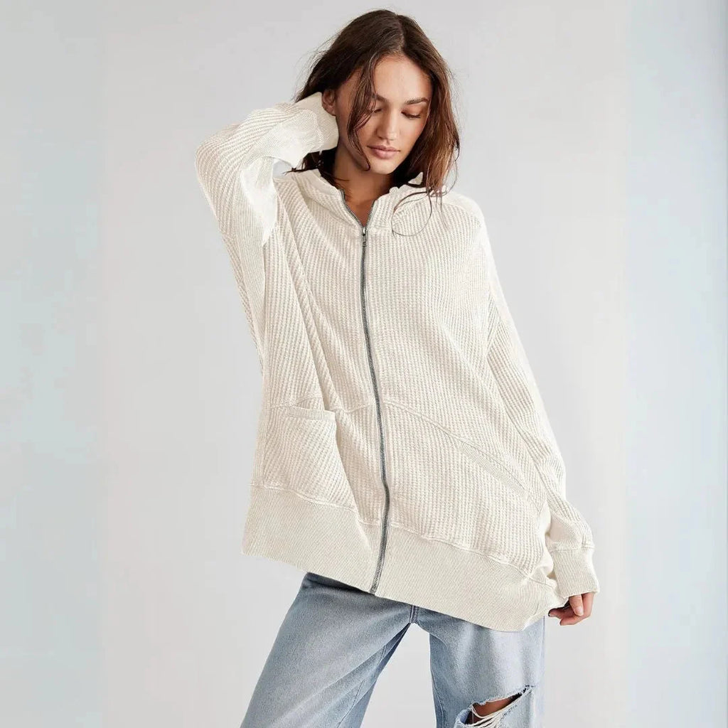 Oversized Waffle-Knit Zip Hoodie Beige