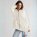 Oversized Waffle-Knit Zip Hoodie Beige