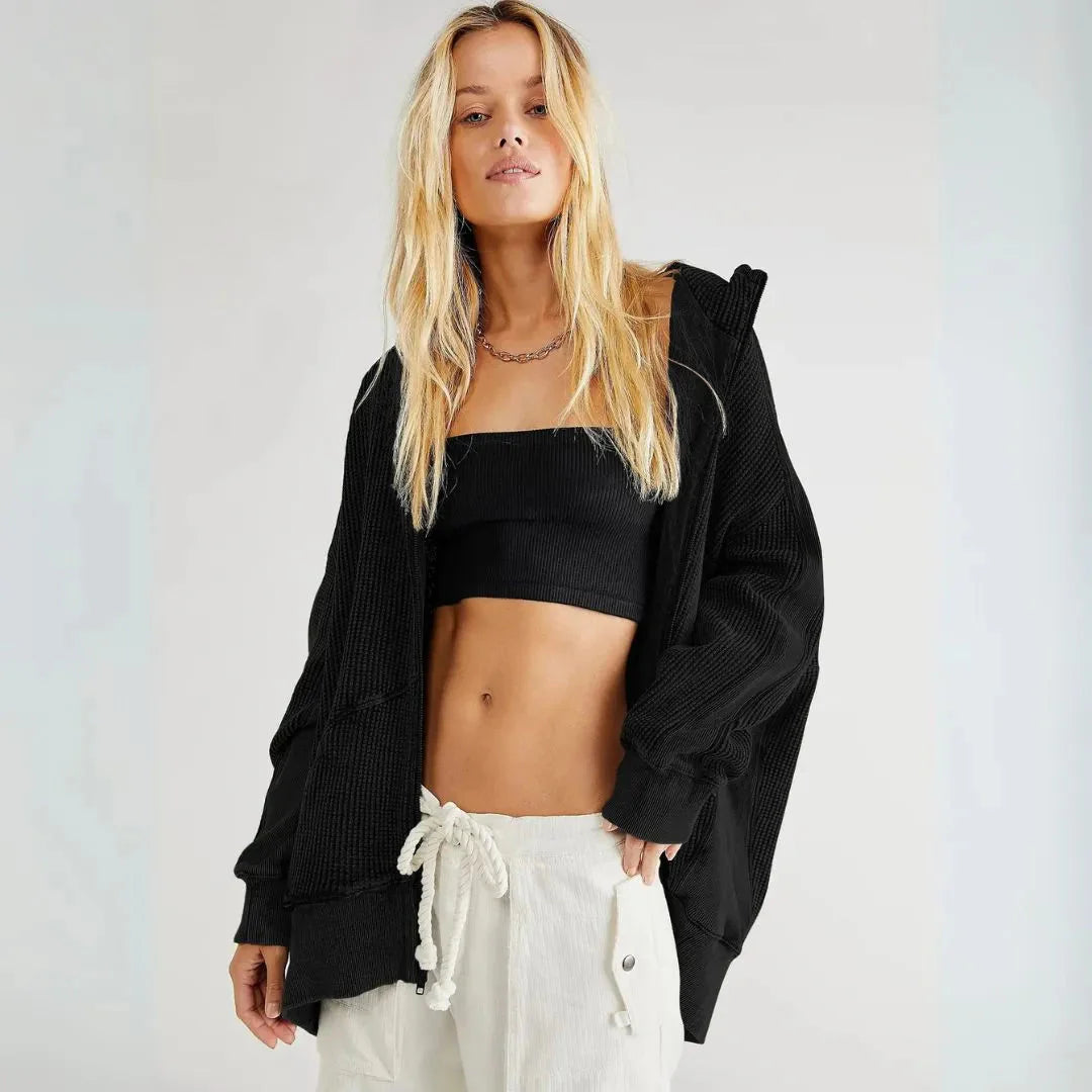 Oversized Waffle-Knit Zip Hoodie-MODAUTLET