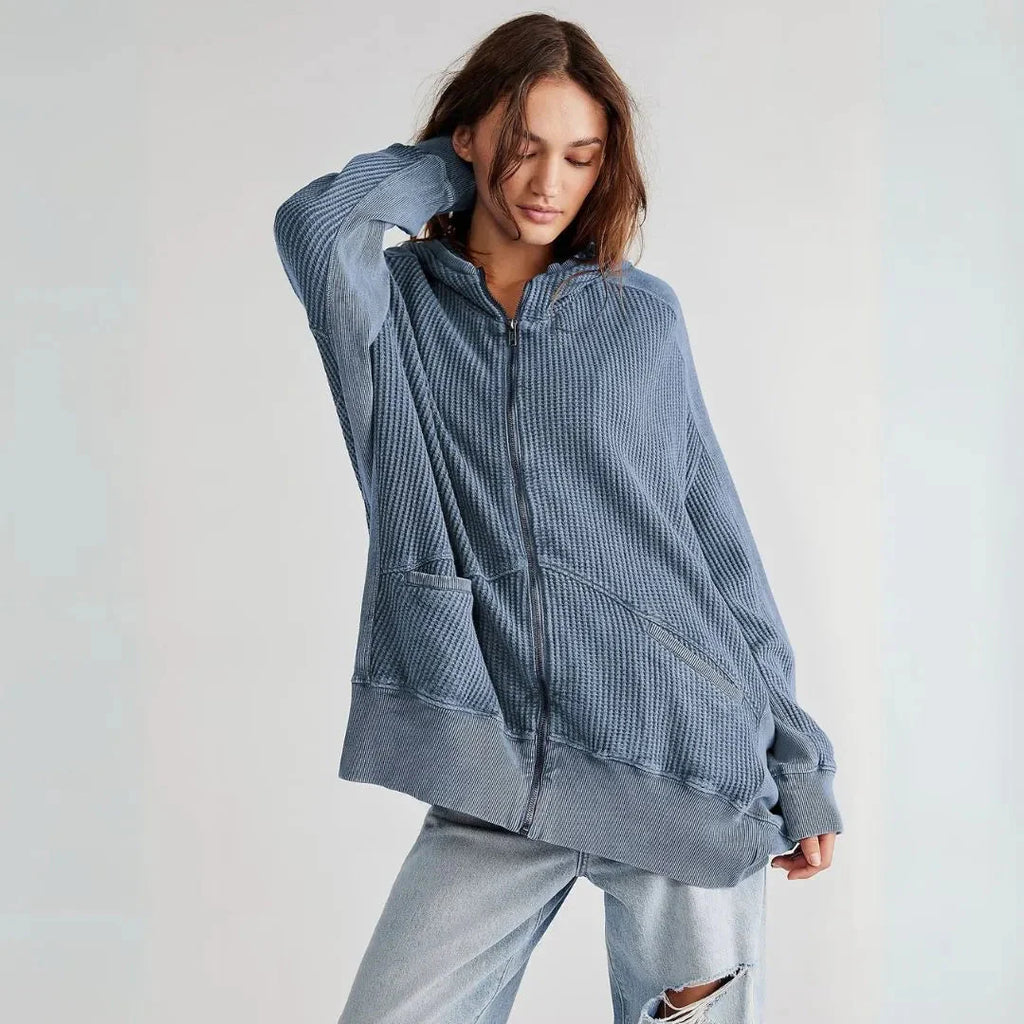 Oversized Waffle-Knit Zip Hoodie Blue