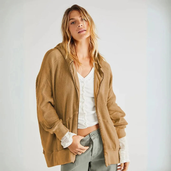 Oversized Waffle-Knit Zip Hoodie-MODAUTLET