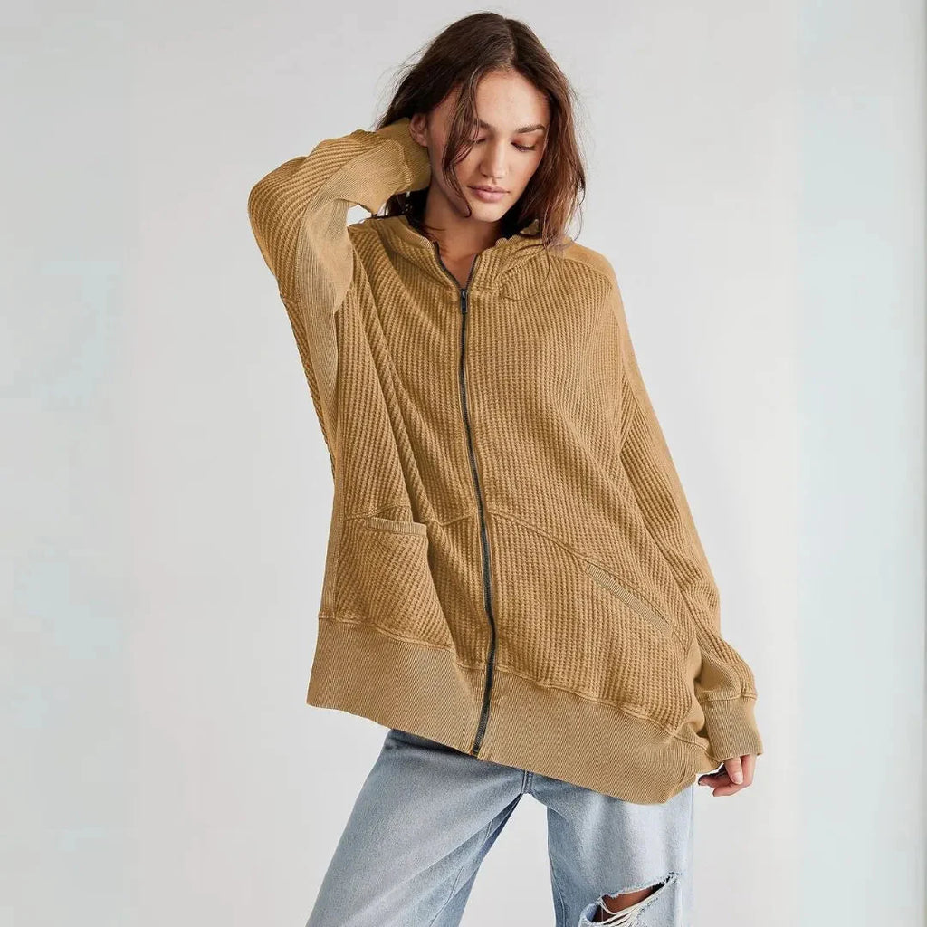 Oversized Waffle-Knit Zip Hoodie Brown