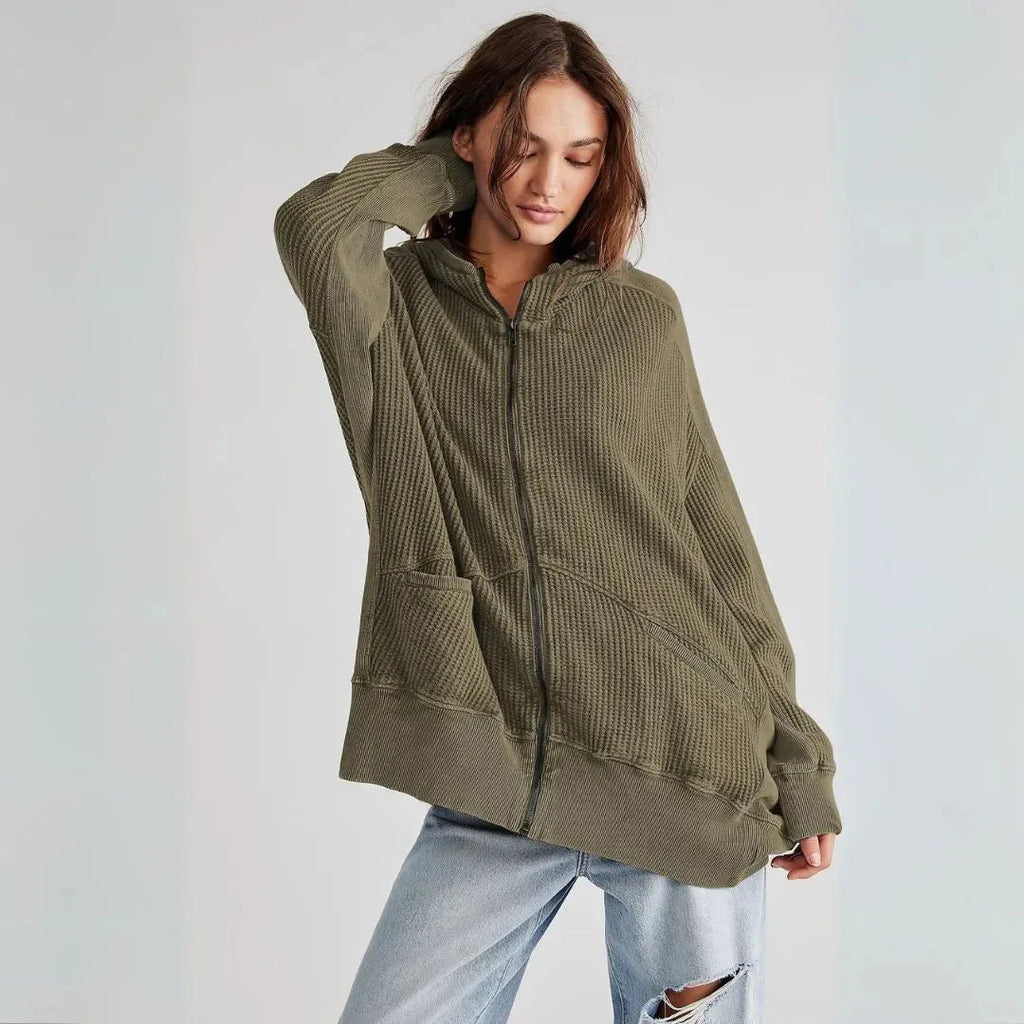 Oversized Waffle-Knit Zip Hoodie Green