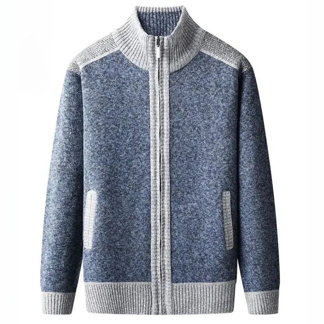 Classic Knit Zip-Up Cardigan for Men Blue Gray