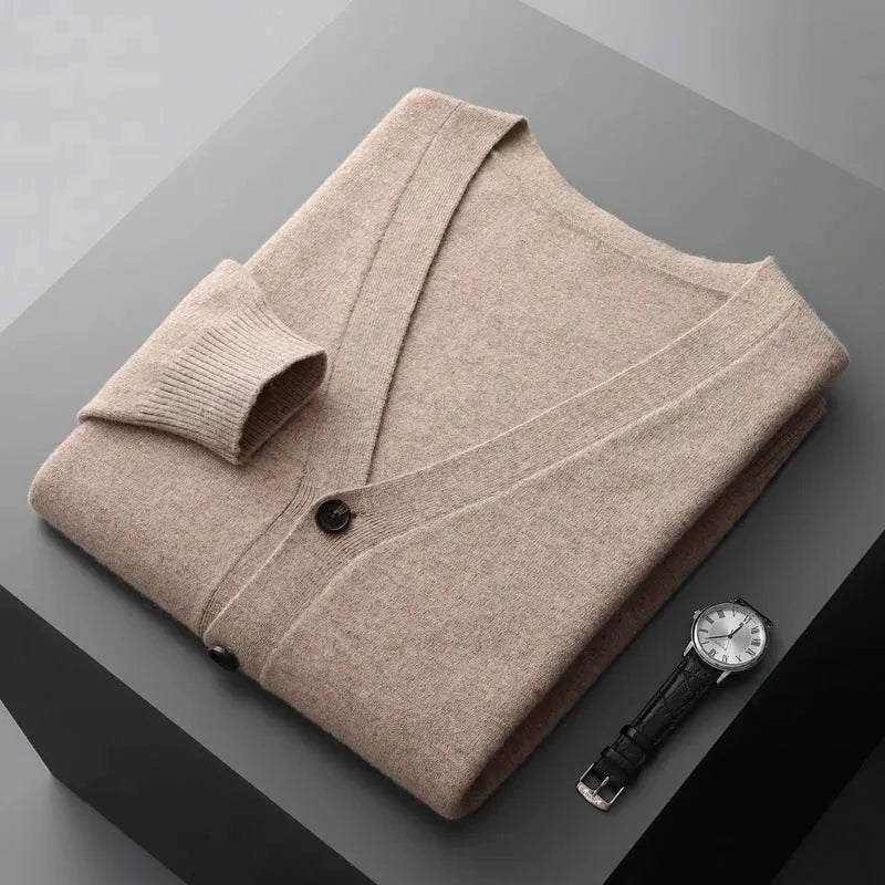 Classic V-Neck Wool Cardigan for Men Light khaki