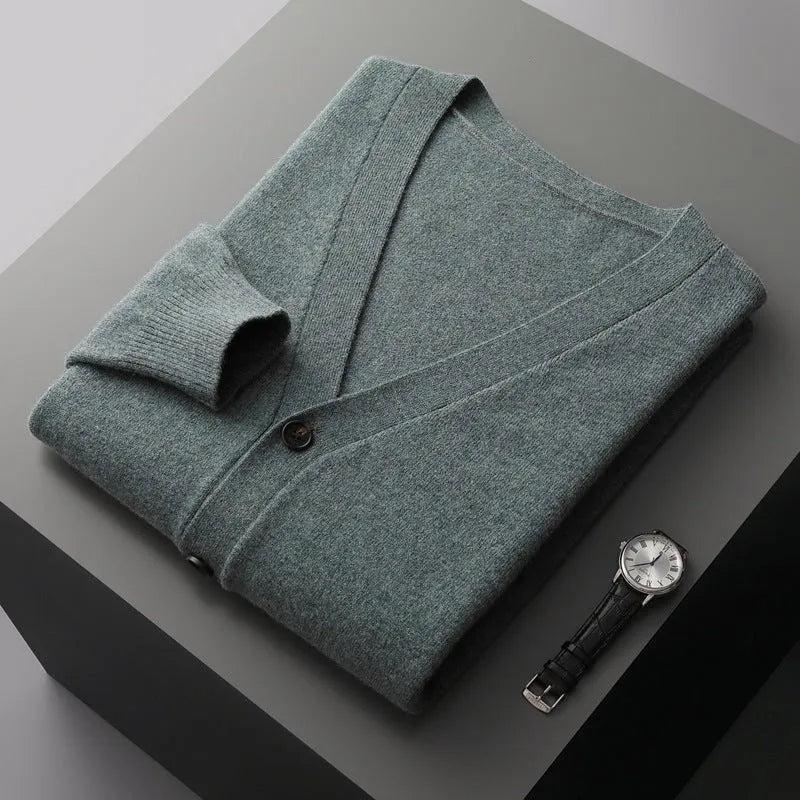 Classic V-Neck Wool Cardigan for Men Deep Tortoise