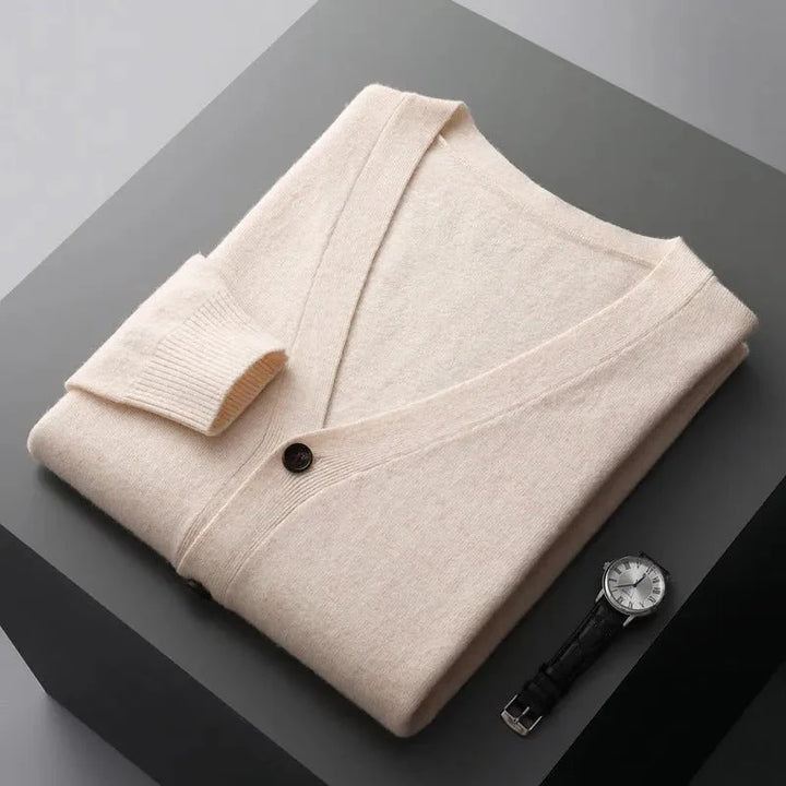 Classic V-Neck Wool Cardigan for Men Beige