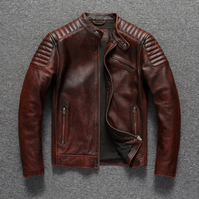 Classic Vintage Cowhide Leather Biker Jacket - Durable Motorcycle Style Brown
