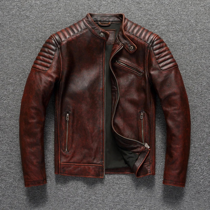 Classic Vintage Cowhide Leather Biker Jacket - Durable Motorcycle Style Brown