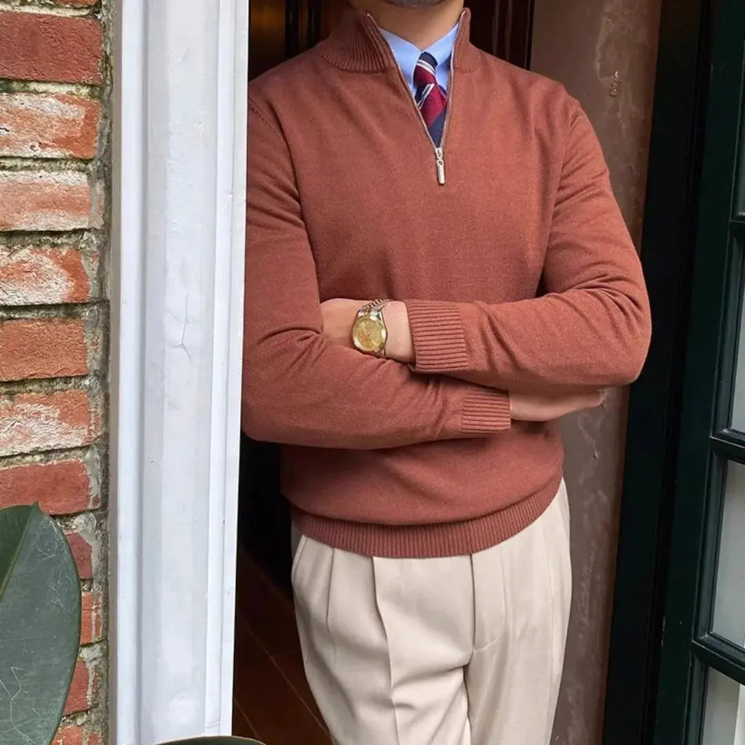 Classic Zip-Up Sweater for Men Rust