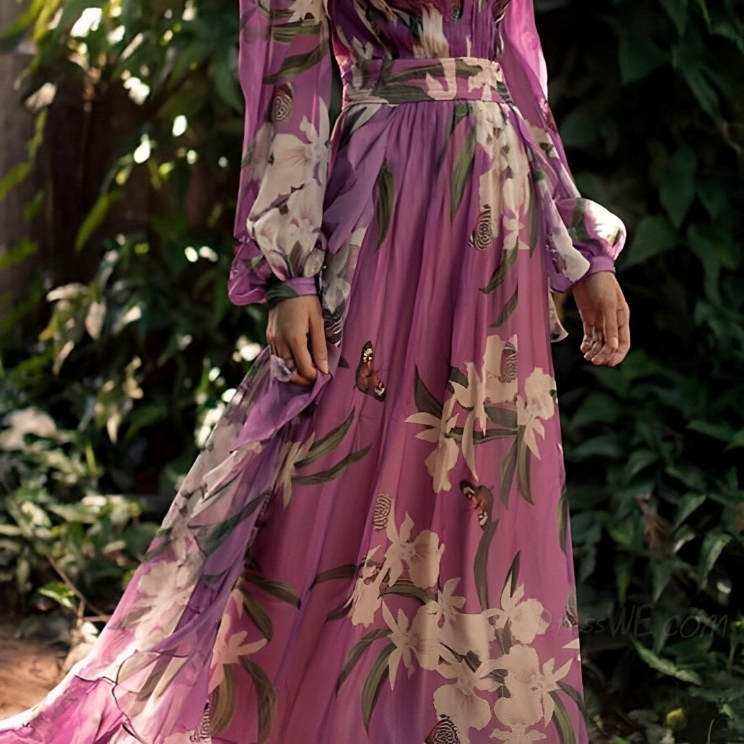 Abigail | Kvinders blomstrede maxi-kjole med V-hals for komfort