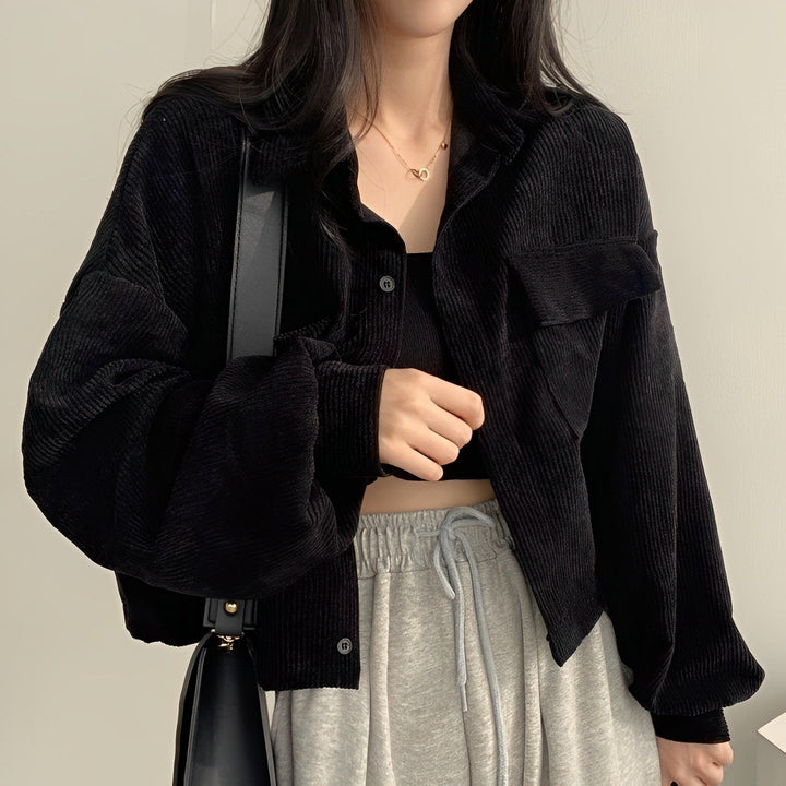 Corduroy Drawstring Short Jacket For Women Fall Wardrobe Black