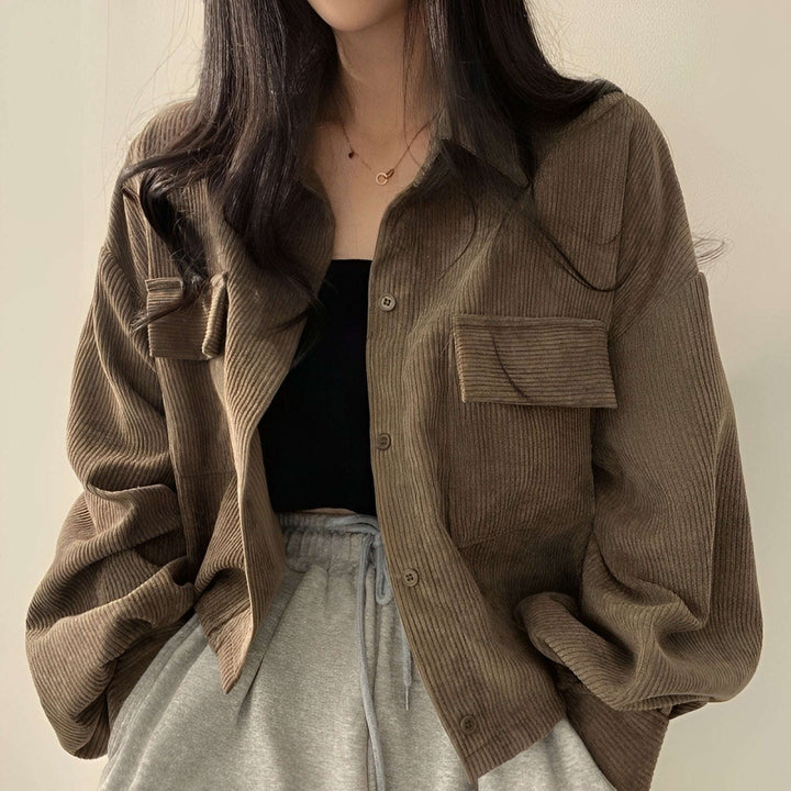 Corduroy Drawstring Short Jacket For Women Fall Wardrobe Khaki