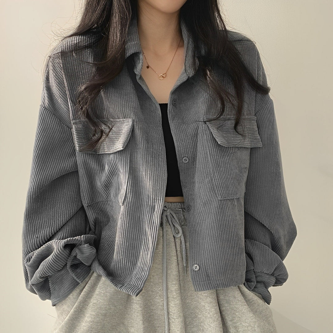 Corduroy Drawstring Short Jacket For Women Fall Wardrobe Grey