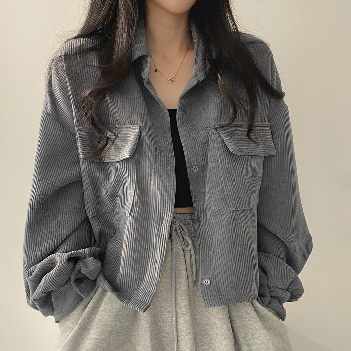 Corduroy Drawstring Short Jacket For Women Fall Wardrobe Grey