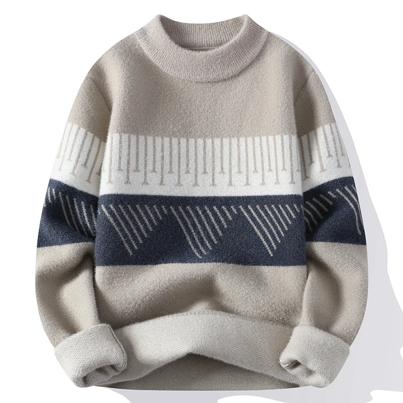 Cozy Geometric Patchwork Knit Sweater for Fall Grey